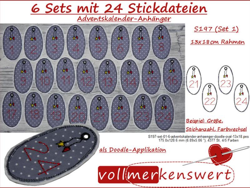 Stickdatei-Set 24 Adventskalenderzahlen Anhänger für Adventskalender im Doodle-Rahmen 1-24 für 13x18cm Stickrahmen S197-set-01